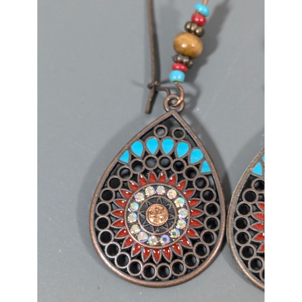 Boho Western Medallion Blue Brown Rhinestone Drop Long Earrings - Picture 3 of 6